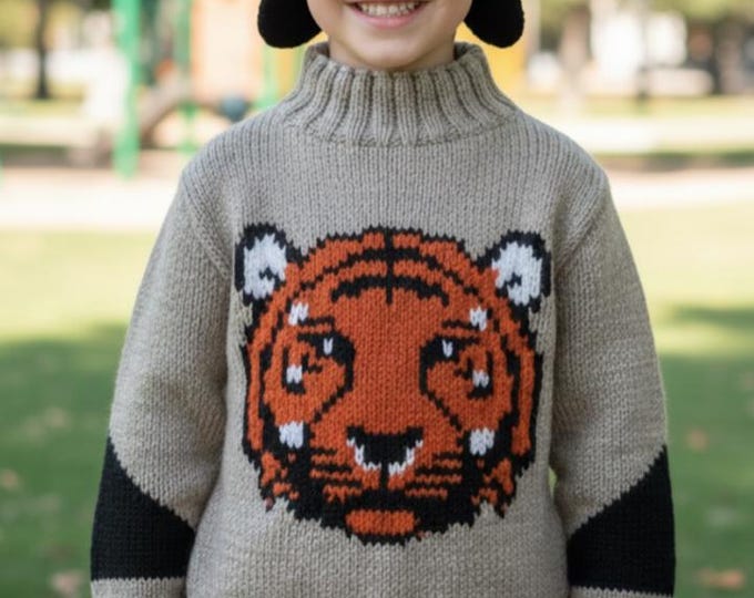 Tiger Sweater and Hat Knitting Pattern:  4-13 Years, Aran/Worsted yarn (Digital Download)