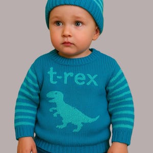 Knitting Pattern for baby and toddler Sweater and Hat with T-Rex, Tyrannosaurus Rex, Dinosaur Motif. Digital download for ages 0-18 months