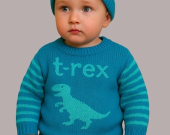 Knitting Pattern for baby and toddler Sweater and Hat with T-Rex, Tyrannosaurus Rex, Dinosaur Motif. Digital download for ages 0-18 months