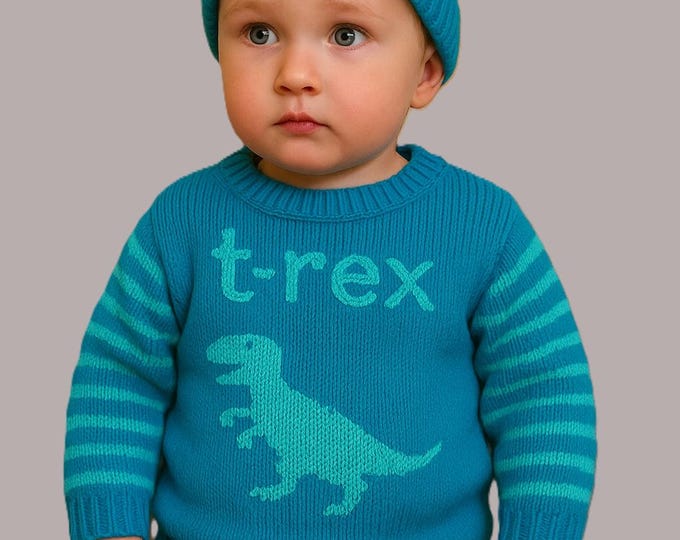 Knitting Pattern for baby and toddler Sweater and Hat with T-Rex, Tyrannosaurus Rex, Dinosaur Motif. Digital download for ages 0-18 months