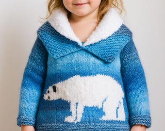 Knitting Pattern for a Child's Sweater with a Polar Bear on the front knitted in Chunky Yarn