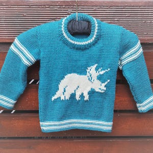 Knitting Pattern - Dinosaur Child&#39;s Sweater for 2-7 years - Triceratops, Dinosaurs Boys patterns, Double Knitting Design round necked jumper