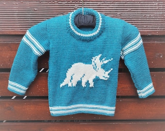 Knitting Pattern - Dinosaur Child's Sweater for 2-7 years - Triceratops, Dinosaurs Boys patterns, Double Knitting Design round necked jumper