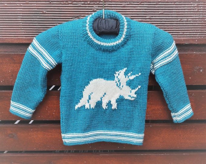 Knitting Pattern - Dinosaur Child's Sweater for 2-7 years - Triceratops, Dinosaurs Boys patterns, Double Knitting Design round necked jumper