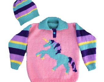 Aran Knitting pattern for girls 2-12 yrs, Unicorn Sweater and Hat, Unicorn Jumper, Fairy tale sweater, Kids knitwear, digital download