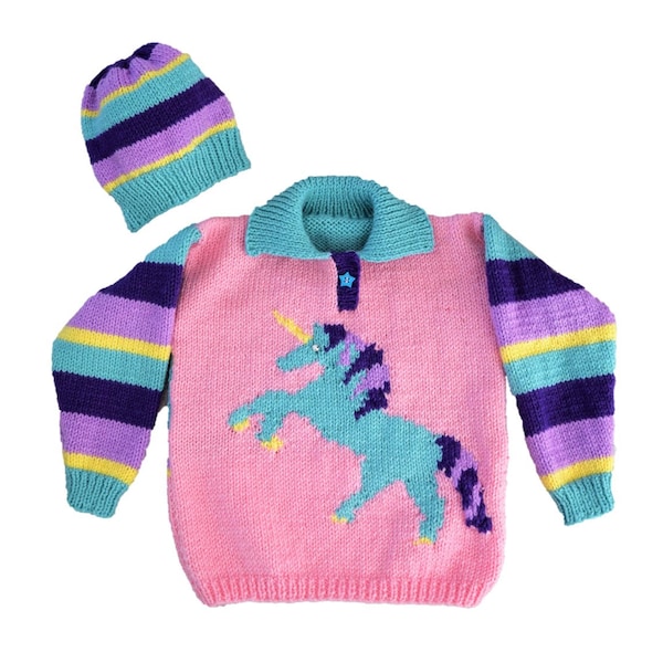 Aran Knitting pattern for girls 2-12 yrs, Unicorn Sweater and Hat, Unicorn Jumper, Fairy tale sweater, Kids knitwear, digital download