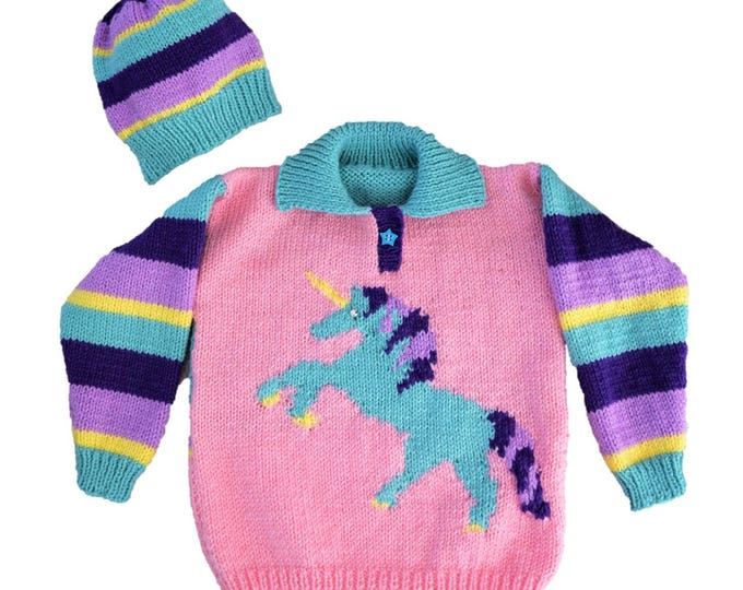 Unicorn sweater and hat knitting pattern. Ages 2 to 10 years.  Aran/Worsted (10 ply) yarn