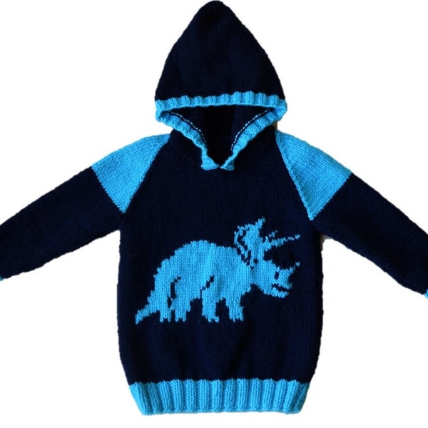 Knitting pattern - boys and girls dinosaur hoodie, Pdf download knitting pattern, Triceratops Jumper, Dinosaurs childrens sweater 2-12 years