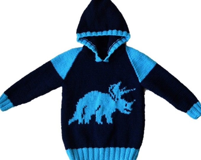 Knitting pattern - boys and girls dinosaur hoodie, Pdf download knitting pattern, Triceratops Jumper, Dinosaurs childrens sweater 2-12 years