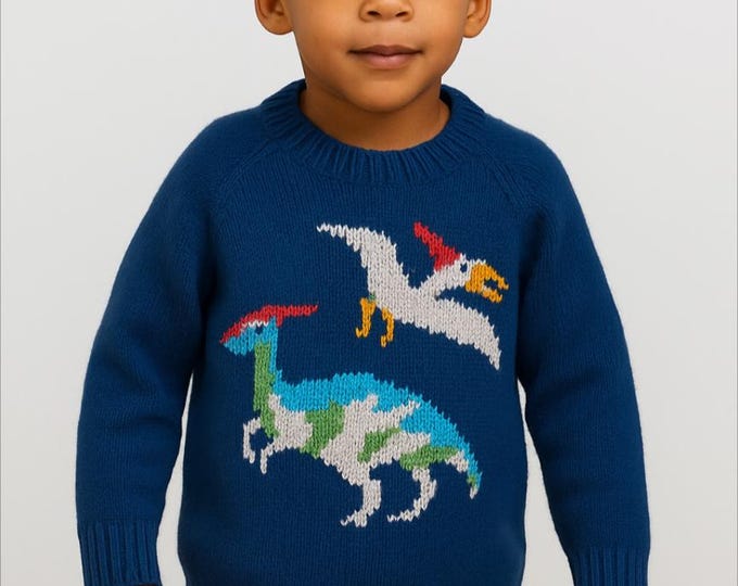 Knitting Pattern for Dinosaur Child's Sweater and Hat 4-13 years - Jurassic Aran Dinosaur Jumper & Hat Pattern, Dino Knitting Pattern