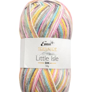 May include: A ball of Emu Treasure Little Isle DK Fair Isle Effect yarn. The yarn is a blend of colors including pink, yellow, gray, and blue. The label reads "Little Isle DK - 50g".