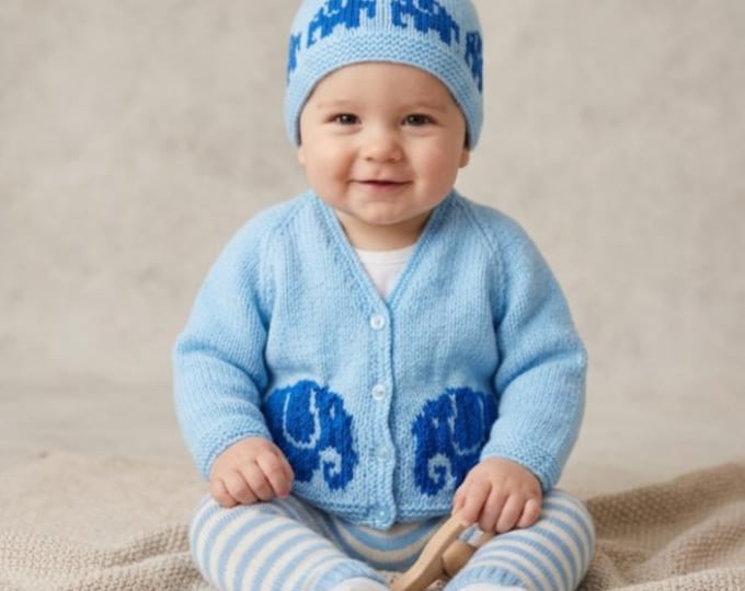 Elephant Baby Jacket & Hat Knitting Pattern: Ages 0-18 months, DK yarn (Digital Download)