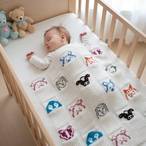 Animal Baby Blanket Knitting Pattern: Bear, pig, sheep, cow, penguin, cat, owl, badger charts