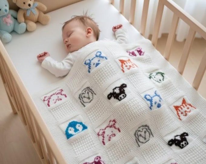 Animal Baby Blanket Knitting Pattern: Bear, pig, sheep, cow, penguin, cat, owl, badger charts