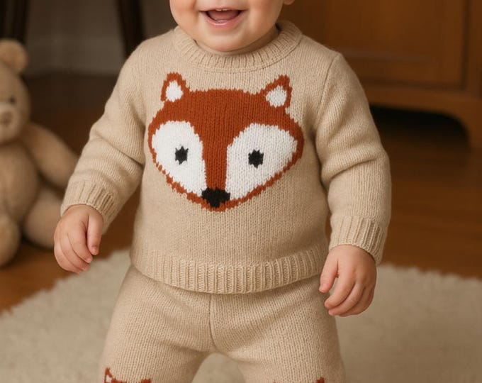 Fox Knitting Pattern for Baby Sweater Trousers and Hat 0-18 months, Fox Jumper and Hat for Boy and Girl, Fox outfit for babies and toddlers