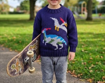 Dinosaur Sweater & Hat Knitting Pattern: Jurassic Jumper, Aran/Worsted Yarn, Ages 4-13 (PDF Download)