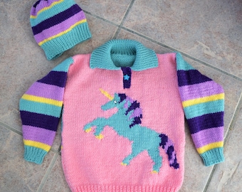 Unicorn sweater and hat knitting pattern. Ages 2 to 10 years.  Aran/Worsted (10 ply) yarn