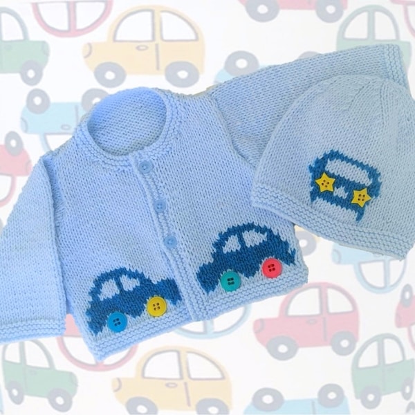 Knitting Pattern for Baby Car Cardigan and Hat 0-18 months, Car Jacket and Hat for Boy or Girl  in DK, PDF Digital Knitting Patterns