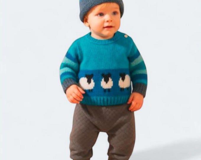 Knitting Pattern: Sheep Sweater & Hat Set, Aran/Worsted Yarn, 0-2 Years (Digital Download
