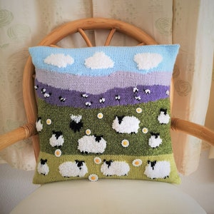 Knitting Pattern for Sheep Cushion, Pillow with Flock of Sheep & 1 Black Sheep on the Hillside, Sheep with daisies, pdf digital download image 5