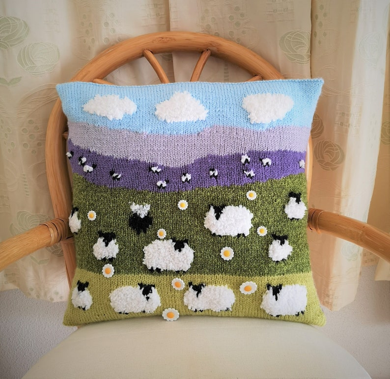 Knitting Pattern for Sheep Cushion, Pillow with Flock of Sheep & 1 Black Sheep on the Hillside, Sheep with daisies, pdf digital download image 5