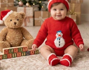 Baby Snowman Christmas Knitting Pattern, Sweater, Hat, Bootees Set (0-18 Months)