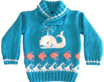 Whale, fish and waves sweater knitting pattern. Ages 1-5 years.  Double knitting (8 ply) yarn.