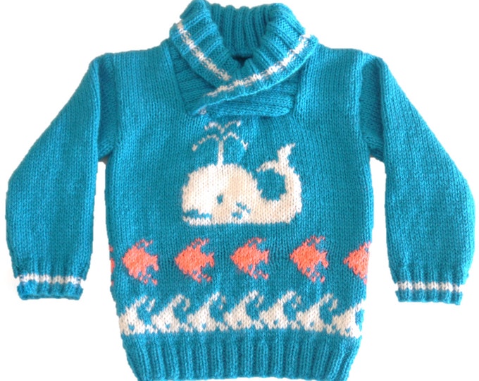 Whale, fish and waves sweater knitting pattern. Ages 1-5 years.  Double knitting (8 ply) yarn.