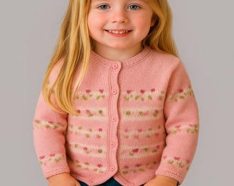 Knitting Pattern for Girl's Rose Bud Cardigan, Children's Jacket ages 3-8 years, Easy Fair Isle Hayfield Baby Blossom DK yarn
