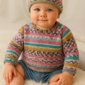 Easy Fair Isle Baby Sweater and Hat Knitting Pattern: Self-patterning DK (PDF Pattern)