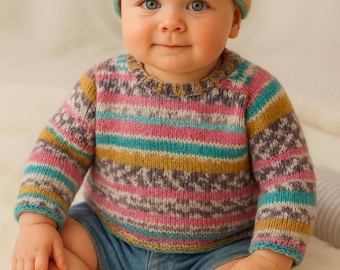 Knitting Pattern for Baby's Easy Fair Isle Sweater and Hat, Yarn creates Fair Isle as you knit. Beginner's Pattern.  Double Knitting, 8 ply