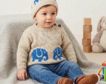 Elephant Aran/Worsted Sweater & Hat Knitting Pattern: Baby/Toddler Sizes 0-2 Years (Digital Download)