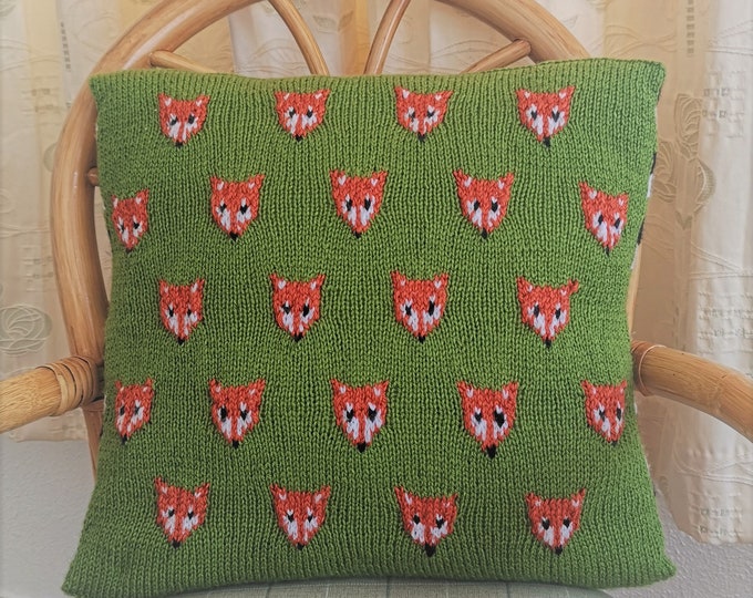 Knitting Pattern - Fox Cushion using double knitting wool, Pillow with Foxes' Faces and stripes, Home Decoration, Digital Knitting Patterns