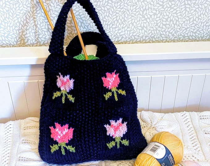 Bag Knitting Pattern, Knitting Bag Pattern,  Handmade Tote Bag, Rose Bud Handbag, Knitted Rose Bag, Gift Present Tote Bag, Pdf download