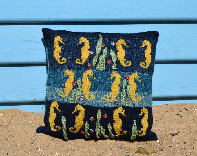 Knitting Pattern for a Sea Horse Cushion, Pillow Knitting Pattern with Sea Horses, Knitted Seaside, Knitted Underwater, Pdf download