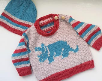 Knitting Pattern: Triceratops Dinosaur Baby Sweater and Hat, 0-2 years (Digital Download)