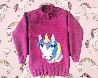 Knitting Pattern for Unicorn Chunky Child's Sweater, Children's Unicorn Digital Pattern for ages 4 to 11 years with 12 ply yarn, Bulky Knit