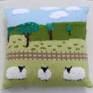 Knitting Pattern for Sheep in the Countryside Cushion, Pillow Knitting Pattern with Sheep, Sheep Fields Fence Trees Sky and Clouds Pattern image 2