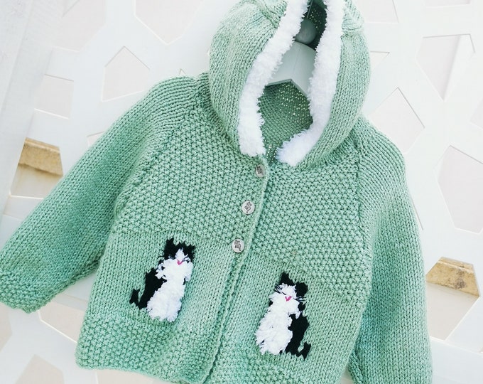 Knitting Pattern for Child's Cat Hoodie Birth to 8 years, Front Fastening Cat Hoodie for Boy or Girl, Cat Jacket with Hood in DK, Digital