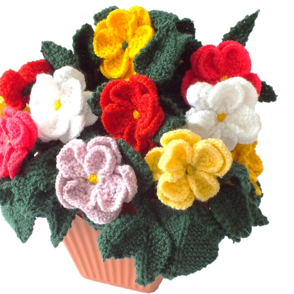 Knitting Pattern for Pot of knitted dahlias, knitted flowers,  floral display, flower display, flower gift, flower knitting pattern