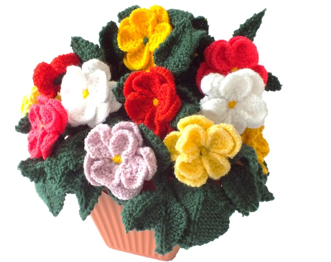 Knitting Pattern for Pot of knitted dahlias, knitted flowers,  floral display, flower display, flower gift, flower knitting pattern