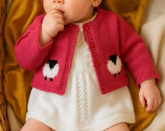 Knitting Pattern for Baby Sheep Cardigan and Dress 0-18 months, Sheep Jacket and Lace Dress for Babies and Toddlers DK, Digital Patterns