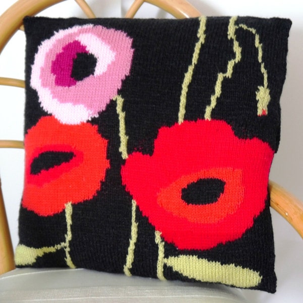 Knitting Pattern for Poppy Cushion, Pillow Knitting Pattern with Poppies, Poppy Pillow Knitting Pattern, pdf download for Poppy Pattern