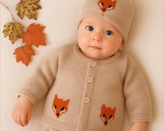 Knitting Pattern for Baby Fox Cardigan and Hat 0-18 months, Fox Jacket and Hat for Boy or Girl, Fox Jacket and Hat in DK yarn, PDF Digital