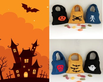 Halloween Treat Bag Knitting Pattern,  Handmade Bags, Bats, Spiders, Skull, Skeleton,  Ghost and Pumpkin motifs, Pdf digital download