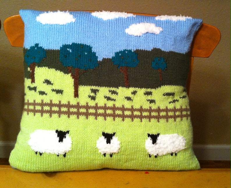 Knitting Pattern for Sheep in the Countryside Cushion, Pillow Knitting Pattern with Sheep, Sheep Fields Fence Trees Sky and Clouds Pattern image 6