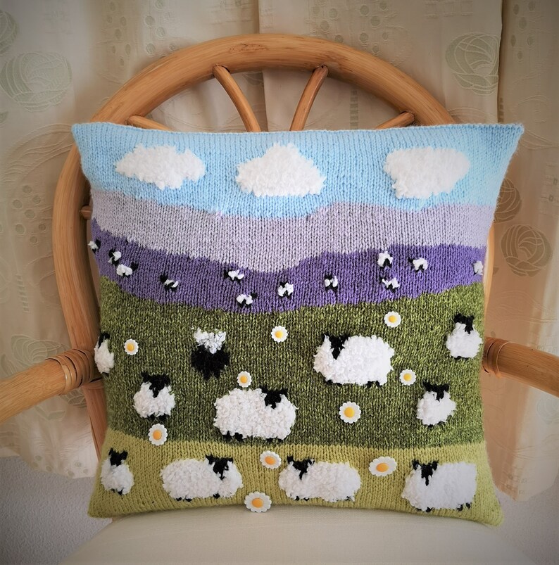 Knitting Pattern for Sheep Cushion, Pillow with Flock of Sheep & 1 Black Sheep on the Hillside, Sheep with daisies, pdf digital download image 4