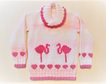 Children Knitting Patterns, Child's Sweater with Flamingos and Hearts, Girls knitting pattern, Child's jumper knitting pattern with flamingo