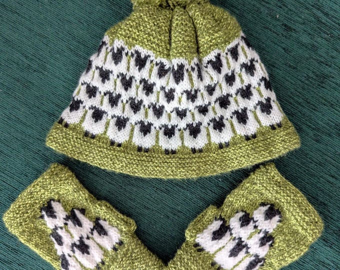 Knitting Pattern for Ladies Hat and Fingerless Gloves with Sheep, DK Yarn, Ladies Pompom Hat and Mittens, Fairisle, Stranded, Knitwear