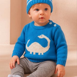 Knitting Pattern for Baby Dinosaur Sweater and Hat 3-24 months, Aran Sweater and Hat Diplodocus, Baby Jumper and Hat set, Digital Download